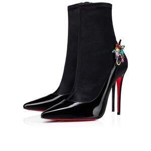 Christian Louboutin Jessie Booty Joli 100 Black Patent Satin Ankle Heel Boot 38